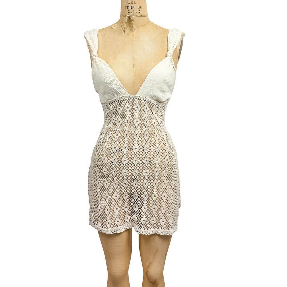 Coastal Crochet Fishnet Cream Mini Dress Sleeveless Festival Boho Mermaidcore OS